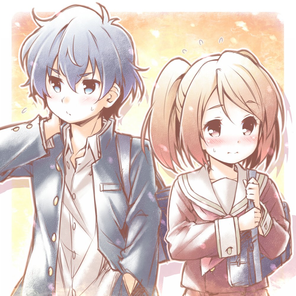 10s, 1boy, 1girl, 3:, bag, blush, brown_hair, commentary_request