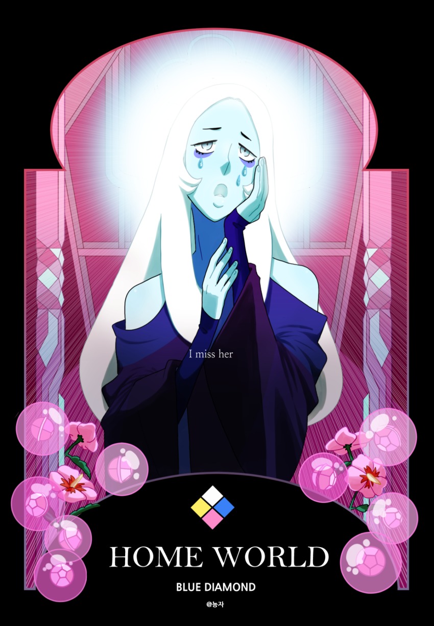 1girl, bags_under_eyes, blue_diamond_(steven_universe), blue_eyes, blue_skin, bubble, character_name, colored_skin, crying, crying_with_eyes_open, female_focus, flower, gem, hand_on_own_face, highres, long_hair, nyong-choi, rose, solo, spoilers, steven_universe, symbol-shaped_pupils, tears, upper_body, very_long_hair, white_hair