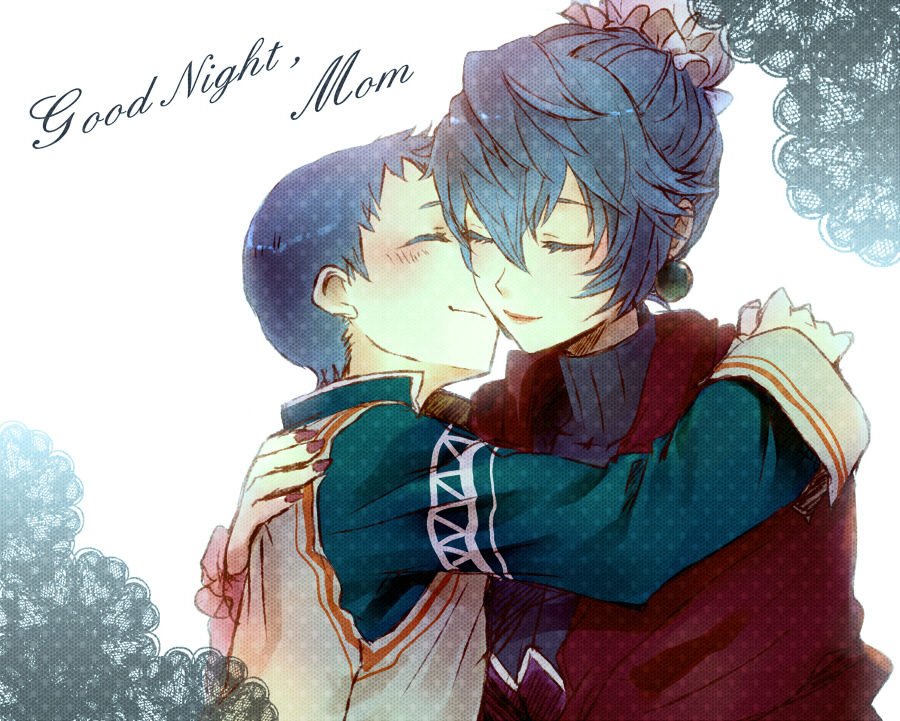 1boy, 1girl, blue_hair, blush, breasts, closed_eyes, earrings, hubert_ozwell