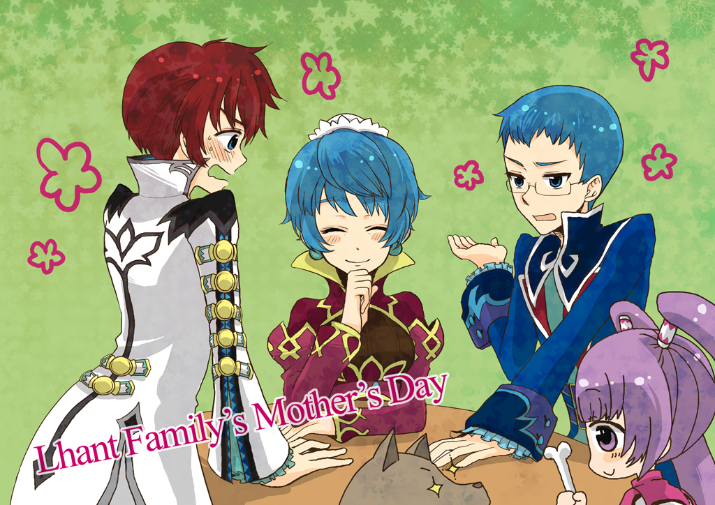 2boys, 2girls, asbel_lhant, belt, blue_eyes, blue_hair, blush, bone
