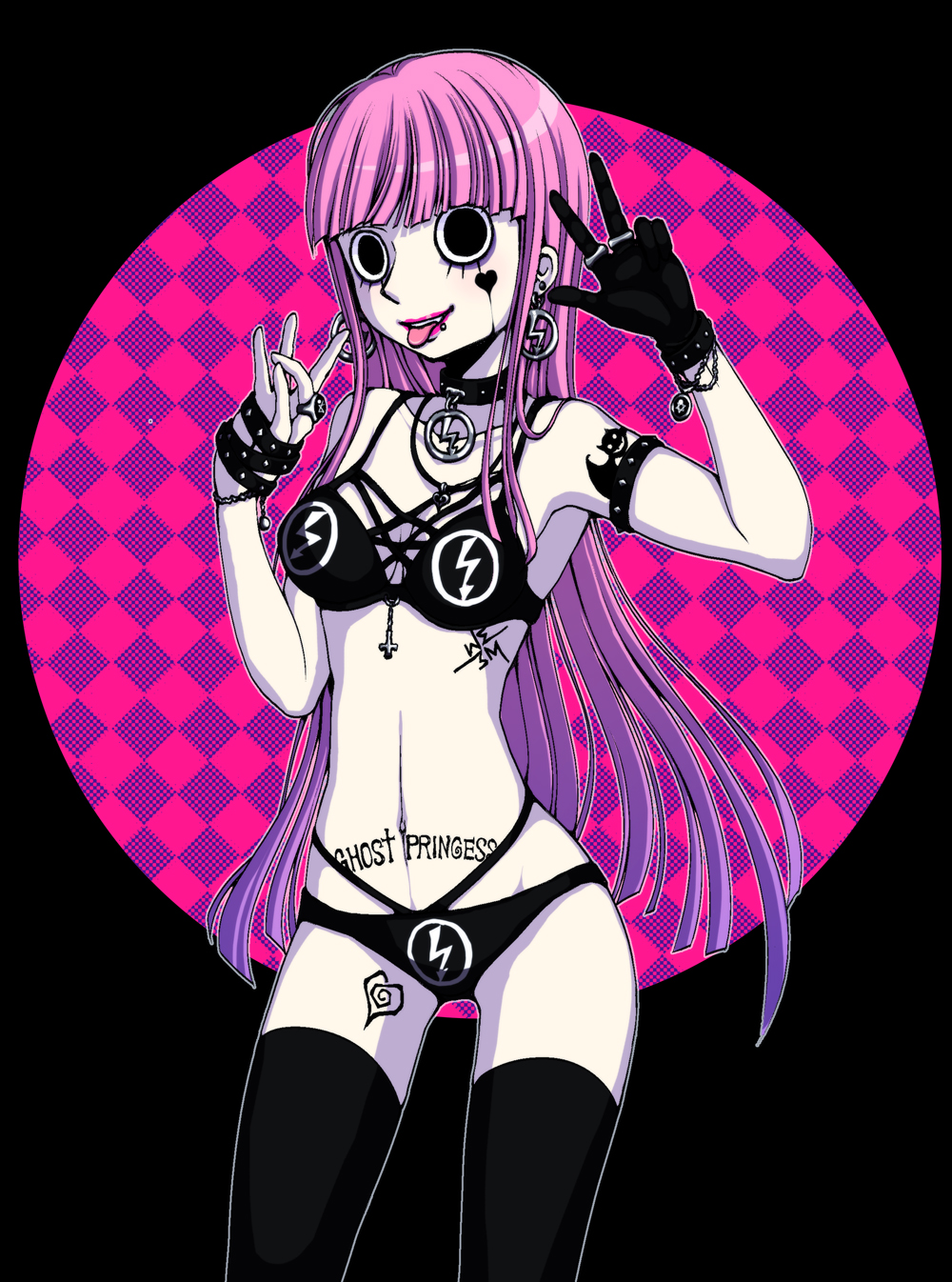 1girl, bra, choker, highres, lipstick, long_hair, makeup, one_piece, perona, pink_hair, punk, pupupu, thighhighs, underwear