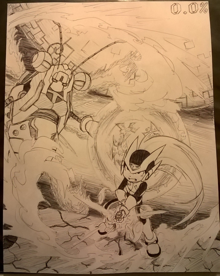 1boy, 1girl, android, commentary, drawfag, energy_sword, fiery_wings, fire