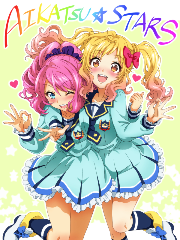 10s, 2girls, :d, ;d, aikatsu!, aikatsu!_(series), aikatsu_stars!, bad_id
