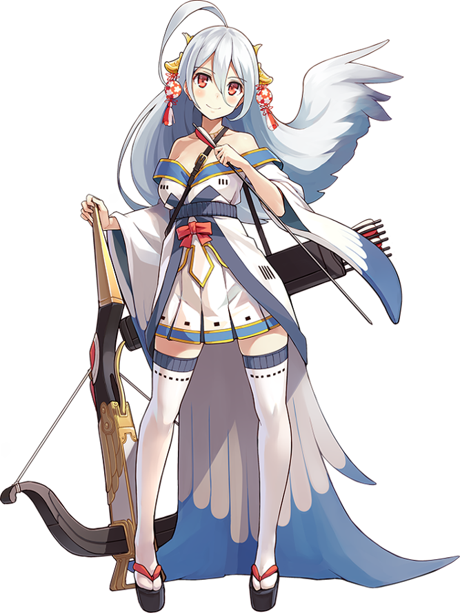 1girl, ahoge, arrow_(projectile), bare_shoulders, bow_(weapon), crossbow, female_focus, full_body, holding, holding_arrow, holding_bow_(weapon), holding_crossbow, holding_weapon, kekemotsu, long_hair, official_art, oshiro_project:re, quiver, red_eyes, sandals, skirt, smile, solo, standing, thighhighs, transparent_background, weapon, white_hair, yanagawa_(oshiro_project)