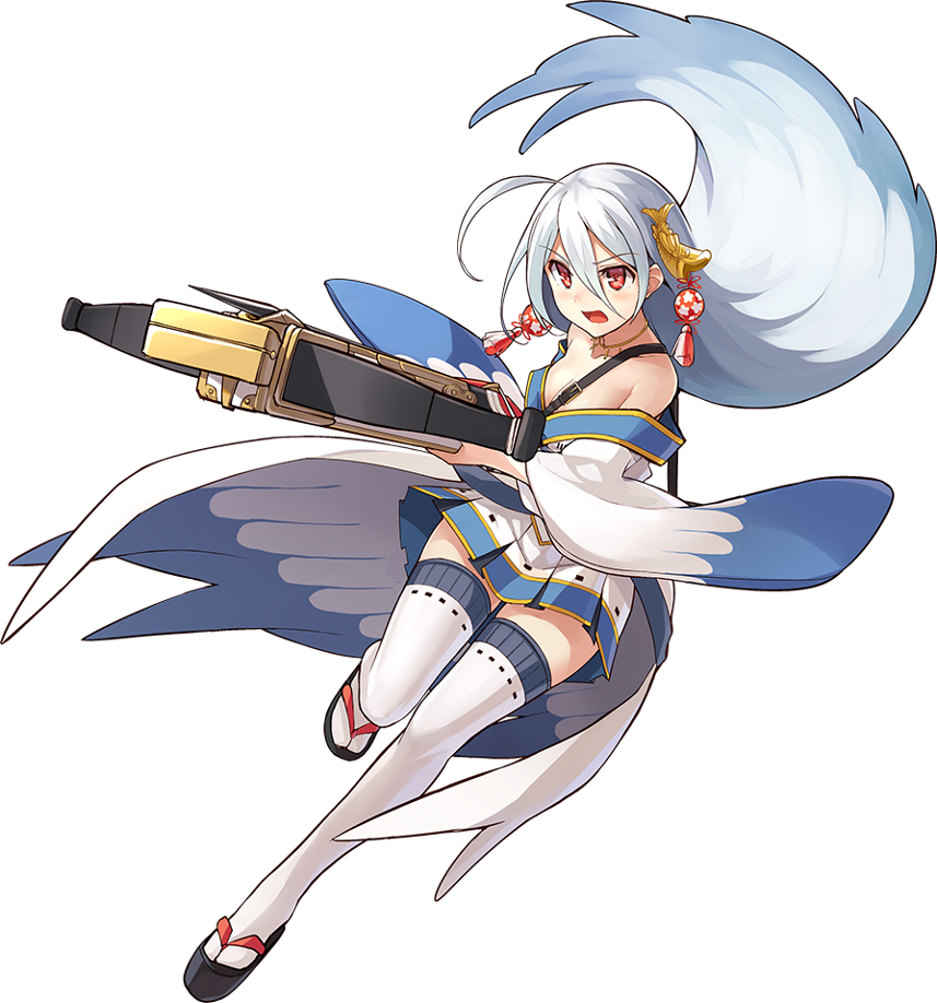 1girl, ahoge, bow_(weapon), crossbow, female_focus, floating_hair, full_body, hair_ornament, holding, holding_bow_(weapon), holding_crossbow, holding_weapon, kekemotsu, long_hair, official_art, open_mouth, oshiro_project:re, red_eyes, sandals, skirt, solo, thighhighs, transparent_background, weapon, white_hair, yanagawa_(oshiro_project)