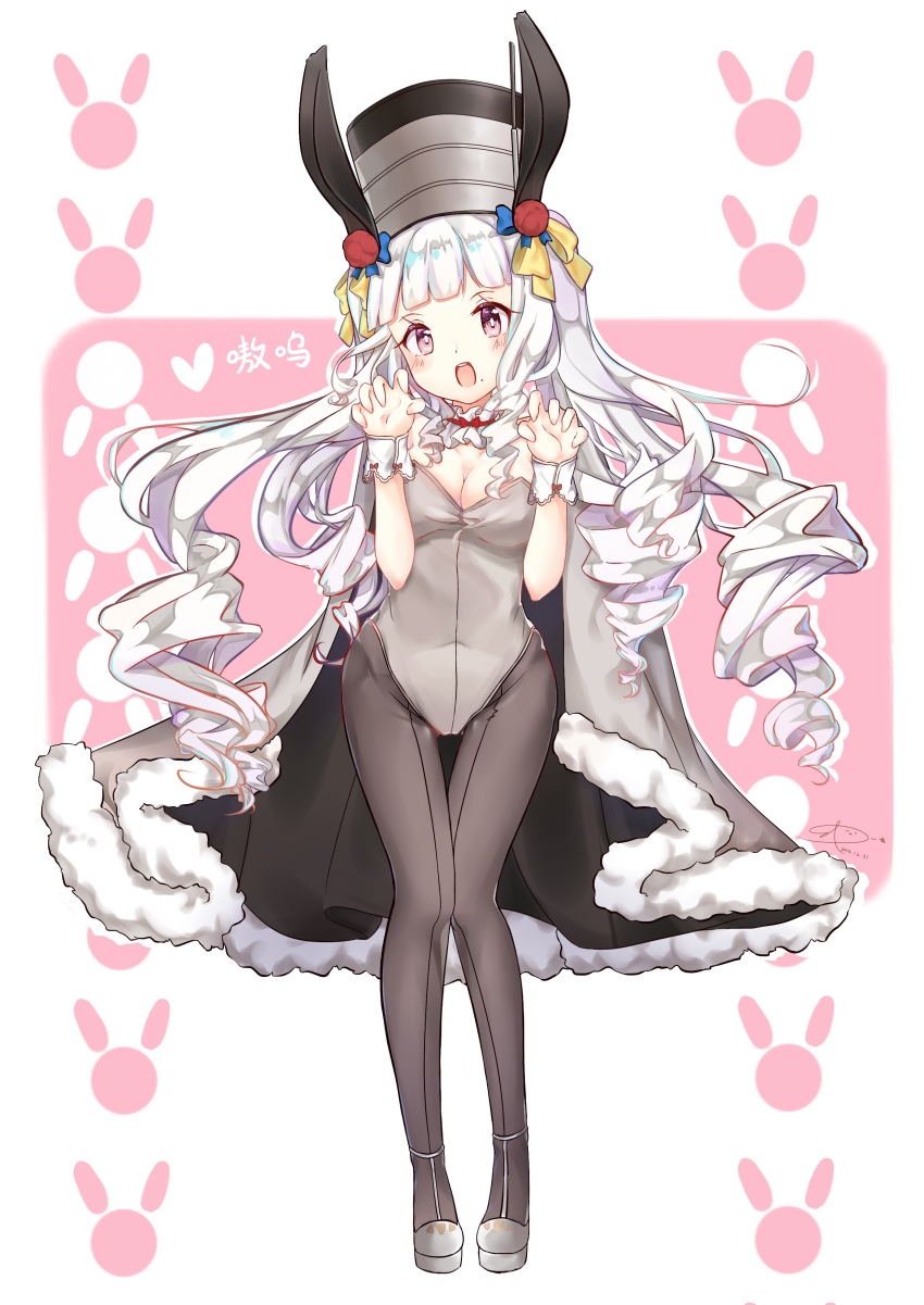 1girl, absurdres, animal_ears, blunt_bangs, blush, breasts, cape, claw_pose, cleavage, covered_navel, dated, drill_hair, drill_sidelocks, eta, fake_animal_ears, female_focus, full_body, grey_cape, grey_pantyhose, highres, legs_together, long_hair, looking_at_viewer, mole, mole_under_mouth, navel, novgorod_(warship_girls_r), open_mouth, pantyhose, pink_background, pink_eyes, playboy_bunny, rabbit_ears, ribbon, rigging, shoes, sidelocks, signature, smokestack, solo, standing, teeth, text_focus, thigh_gap, very_long_hair, warship_girls_r, white_background, white_hair, white_shoes, wrist_cuffs, yellow_ribbon