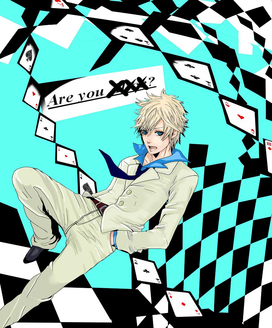 1boy, alice?_(are_you_alice?), are_you_alice?, artist_request, blonde_hair, blue_eyes, card, copyright_name