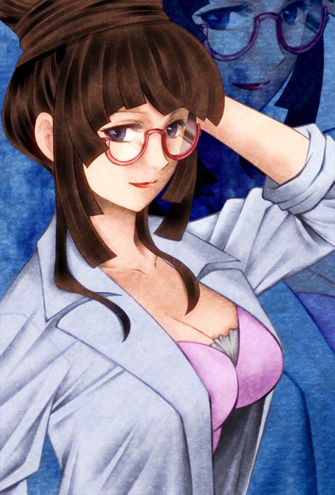 10s, 1girl, arm_up, beehive_hairdo, blue_background, blunt_bangs, breasts, brown_hair, cleavage, collarbone, dress, female_focus, glasses, hair_up, lab_coat, lipstick, looking_at_viewer, low_neckline, makeup, medium_breasts, pink_dress, purple_eyes, red-framed_eyewear, red_lips, sakurai_ryouko, sakuran_(riddle_riddle), senki_zesshou_symphogear, sidelocks, sleeves_rolled_up, solo
