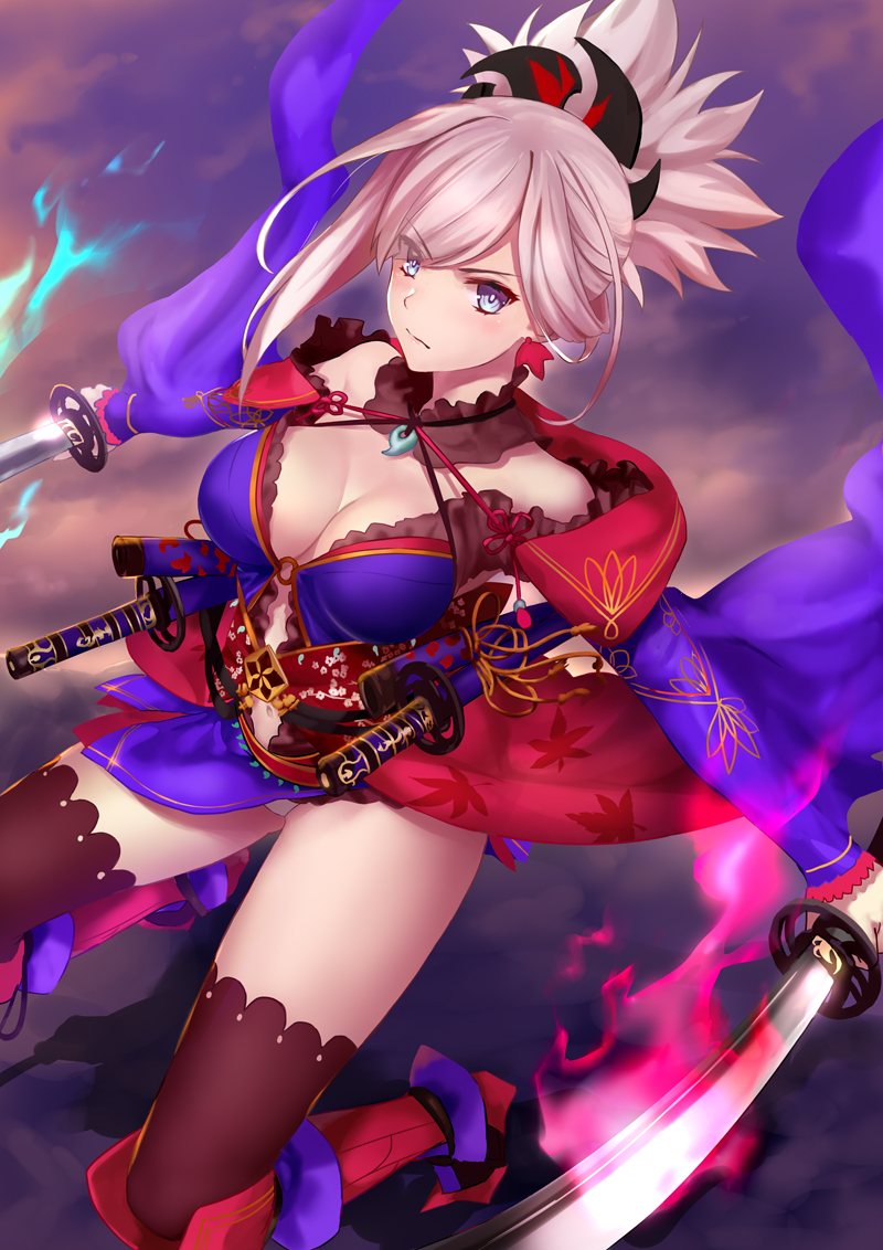 1girl, blue_eyes, breasts, cleavage, clothing_cutout, dual_wielding, earrings, fate/grand_order