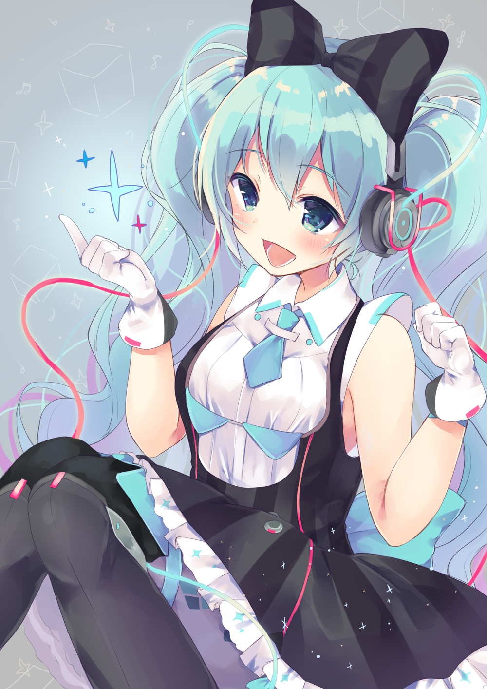 1girl, :d, aqua_eyes, aqua_hair, beamed_semiquavers, black_boots, black_bow, black_thighhighs, blush, boots, bow, breasts, cube, dress, female_focus, frilled_dress, frills, gloves, green_hair, grey_background, hair_between_eyes, hair_bow, hands_up, hatsune_miku, headphones, highres, index_finger_raised, irone_(miyamiya38), knees_together_feet_apart, long_hair, magical_mirai_(vocaloid), magical_mirai_miku, magical_mirai_miku_(2016), medium_breasts, minim, musical_note, open_mouth, pinafore_dress, quaver, shirt, sleeveless, sleeveless_dress, sleeveless_shirt, smile, solo, sparkle, star_(symbol), star_symbol_background, striped_bow, striped_clothes, striped_dress, thighhighs, treble_clef, twintails, vocaloid, wavy_hair