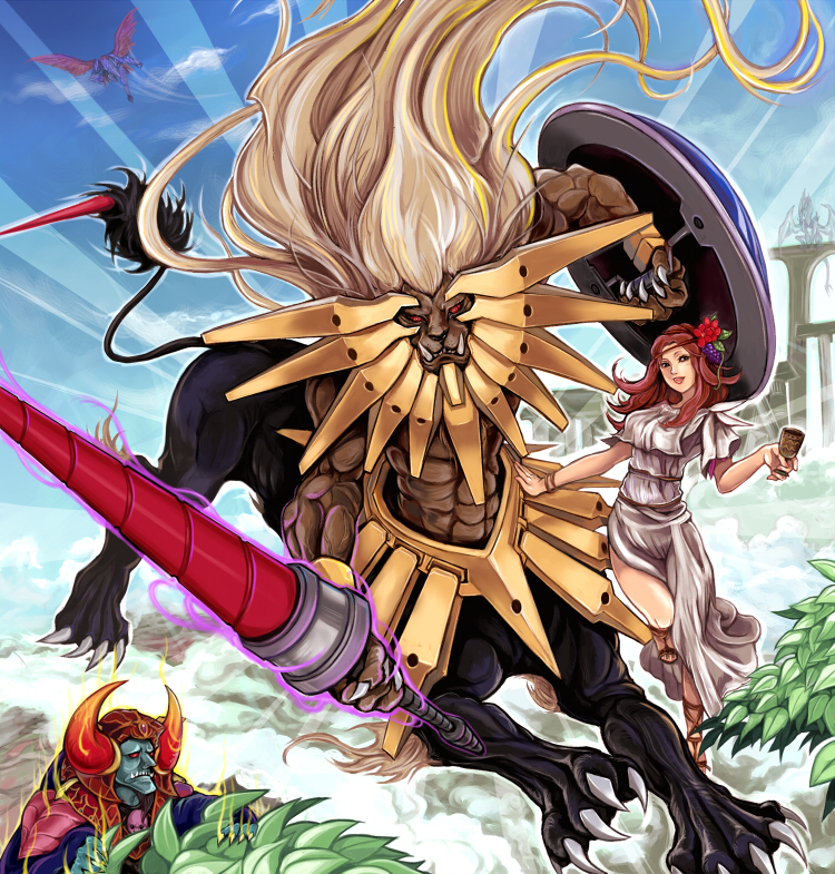 1girl, 2boys, alector_sovereign_of_birds, armor, beast_king_barbaros, bracelet, bush, centauroid, chalice, chinchira, condemned_maiden, cup, dark_ruler_ha_des, day, demon, dress, duel_monster, fangs, flower, forbidden_chalice, full_body, hair_flower, hair_ornament, holding, holding_weapon, horns, jewelry, lance, lion, long_hair, looking_at_viewer, multiple_boys, muscular, polearm, red_eyes, shield, smile, stardust_dragon, taur, toned, very_long_hair, weapon, white_dress, yu-gi-oh!