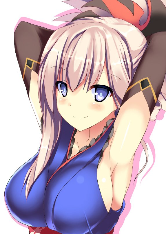 1girl, armpits, arms_up, blue_eyes, collarbone, fate/grand_order, fate_(series), female_focus