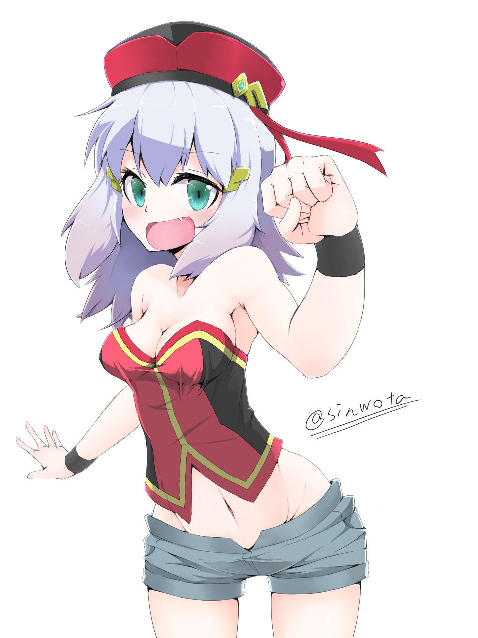 1girl, aqua_eyes, bad_id, bad_pixiv_id, bare_shoulders, beret, breasts, cleavage