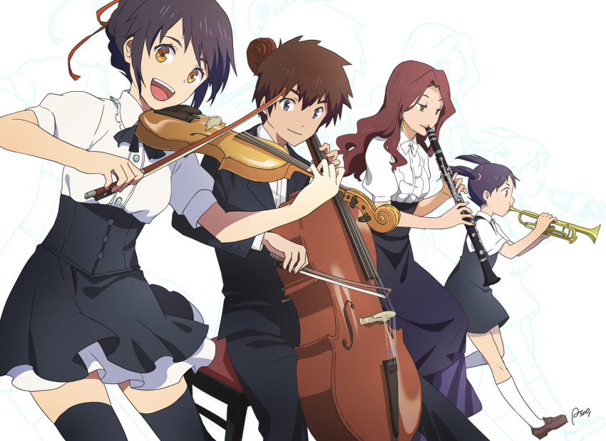 10s, 1boy, 3girls, alternate_costume, asao-vc, black_hair, black_socks, blue_eyes, brown_eyes, brown_hair, cello, clarinet, commentary_request, flute, hair_ribbon, instrument, kimi_no_na_wa., kneehighs, miyamizu_mitsuha, miyamizu_yotsuha, multiple_girls, music, okudera_miki, open_mouth, playing_instrument, red_ribbon, ribbon, smile, socks, tachibana_taki, thighhighs, trumpet, twintails, violin, white_legwear