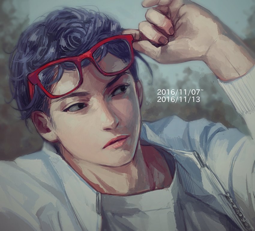 1boy, black_eyes, blue_hair, blurry, curly_hair, depth_of_field, ghiaccio, highres