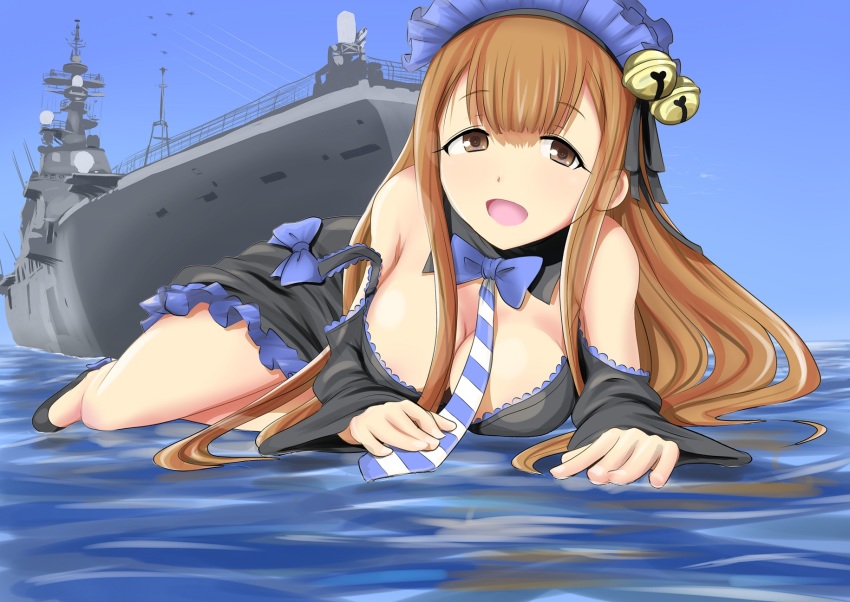 10s, 1girl, aoki_hagane_no_arpeggio, bell, black_dress, blue_ribbon, breasts, brown_eyes, brown_hair, cleavage, dress, female_focus, highres, ise_(aoki_hagane_no_arpeggio), ise_(battleship), jingle_bell, ju_(old505), large_breasts, long_hair, military, military_vehicle, necktie, ocean, off_shoulder, open_mouth, personification, ribbon, ship, solo, vehicle_and_personification, warship, watercraft