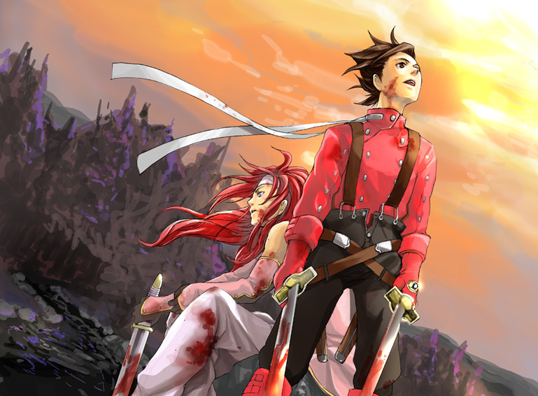 00s, 2boys, back-to-back, bad_id, bad_pixiv_id, belt, black_eyes, black_gloves