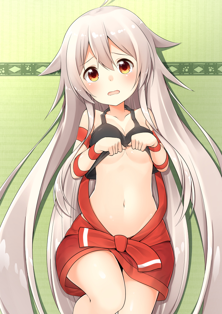 10s, 1girl, ahoge, ariel23795, breasts, chiya_(urara_meirochou), clothes_lift, collarbone, commentary, cowboy_shot, female_focus, hair_between_eyes, leg_lift, lifting_own_clothes, long_hair, looking_at_viewer, navel, no_bra, red_eyes, shadow, shirt_lift, silver_hair, solo, tank_top, underboob, urara_meirochou, very_long_hair