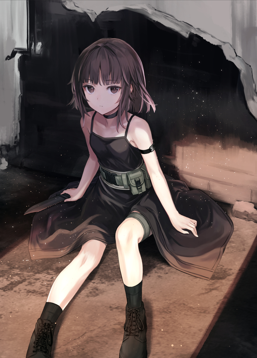 1girl, armband, arms_at_sides, bare_shoulders, belt, belt_pouch, black_dress, black_shoes