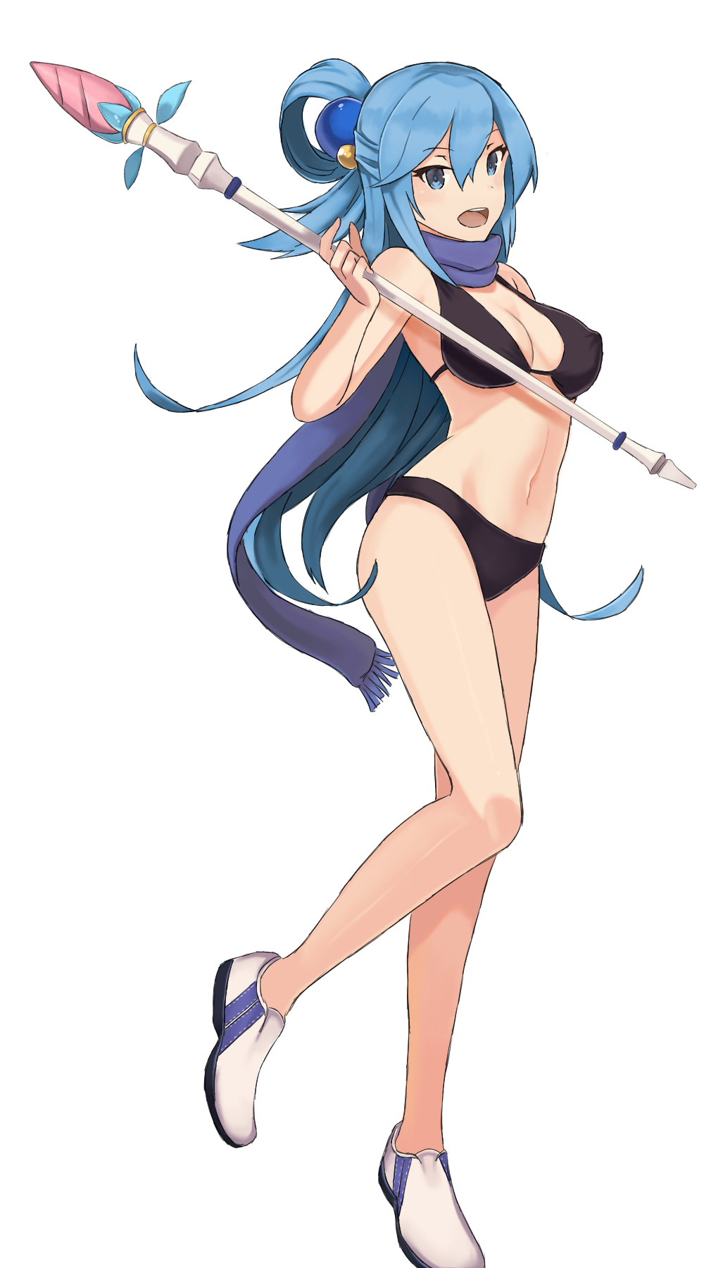 10s, 1girl, aqua_(konosuba), bikini, black_bikini, blue_eyes, blue_hair, breasts, covered_erect_nipples, female_focus, hair_ornament, hair_rings, highres, kono_subarashii_sekai_ni_shukufuku_wo!, long_hair, looking_at_viewer, matching_hair/eyes, navel, open_mouth, single_hair_ring, smile, solo, sonzai_soumei, sphere_hair_ornament, staff, standing, swimsuit