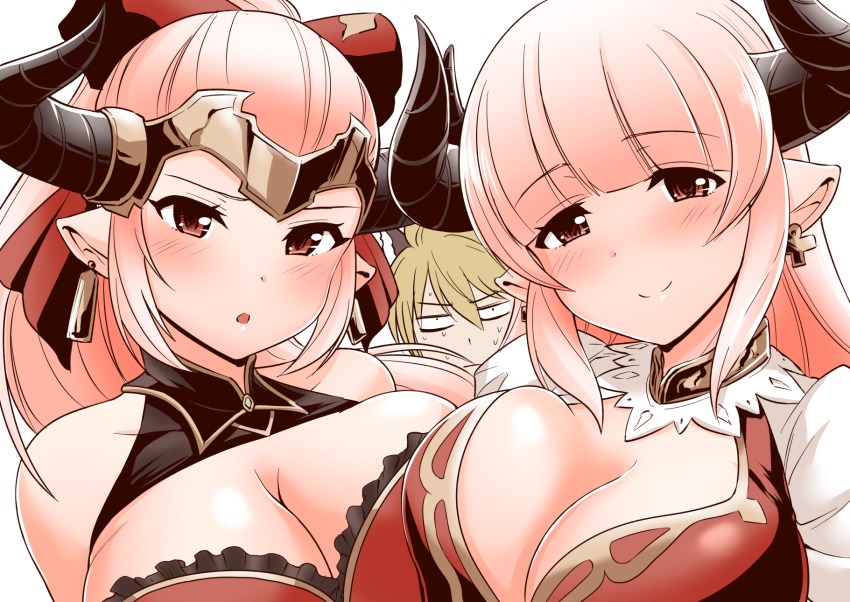 10s, 1boy, 2girls, alicia_(granblue_fantasy), aliza_(granblue_fantasy), asymmetrical_docking, bare_shoulders, blush, breast_press, breasts, cleavage, closed_mouth, draph, earrings, granblue_fantasy, highres, horns, huge_breasts, jewelry, kanno_takanori, long_hair, looking_at_viewer, mature_female, monochrome, mother_and_child, mother_and_daughter, multiple_girls, open_mouth, parent_and_child, pink_hair, pointy_ears, red_eyes, silver_hair, simple_background, smile, stan_(granblue_fantasy), upper_body, white_background