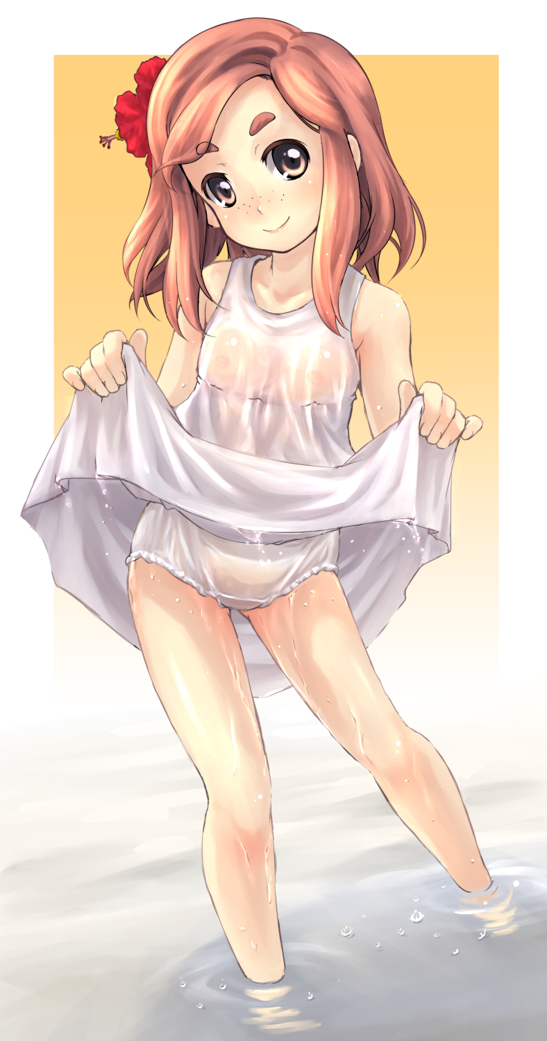 1girl, blush, brown_eyes, brown_hair, closed_mouth, clothes_lift, crotch_seam, dress, dress_lift, female_focus, flat_chest, flone_robinson, flower, freckles, hair_flower, hair_ornament, highres, long_hair, looking_at_viewer, mao_(6r), matching_hair/eyes, panties, smile, solo, standing, swept_bangs, swiss_family_robinson, underwear, wading, wet, wet_clothes, wet_dress, wet_panties, white_dress, world_masterpiece_theater
