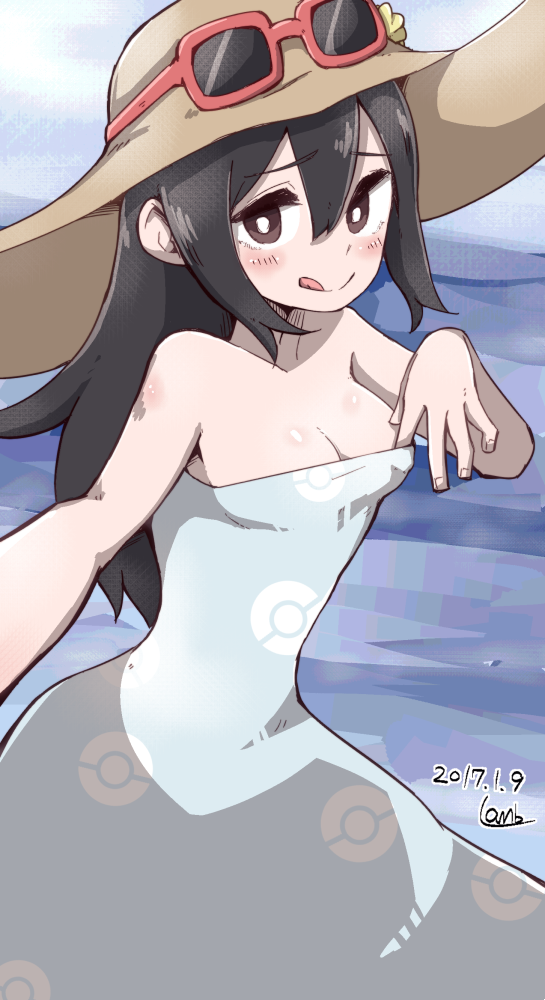 1girl, breasts, bright_pupils, cleavage, dated, dress, eyewear_on_head, female_focus, hair_between_eyes, hat, lamb-oic029, licking_lips, looking_at_viewer, nintendo, npc_trainer, poke_ball_print, pokemon, pokemon_sun_and_moon, reaching, reaching_towards_viewer, selfie, sightseer_(pokemon), solo, strapless, strapless_dress, sun_hat, sunglasses, teasing, tongue, tongue_out, white_pupils