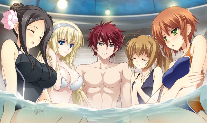 1boy, 4girls, anett_hosenfeld, antenna_hair, bikini, black_hair, blonde_hair, blue_eyes