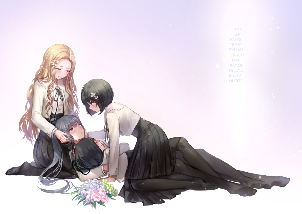 4girls, black_hair, black_legwear, black_skirt, blonde_hair, blush, bob_cut, character_name