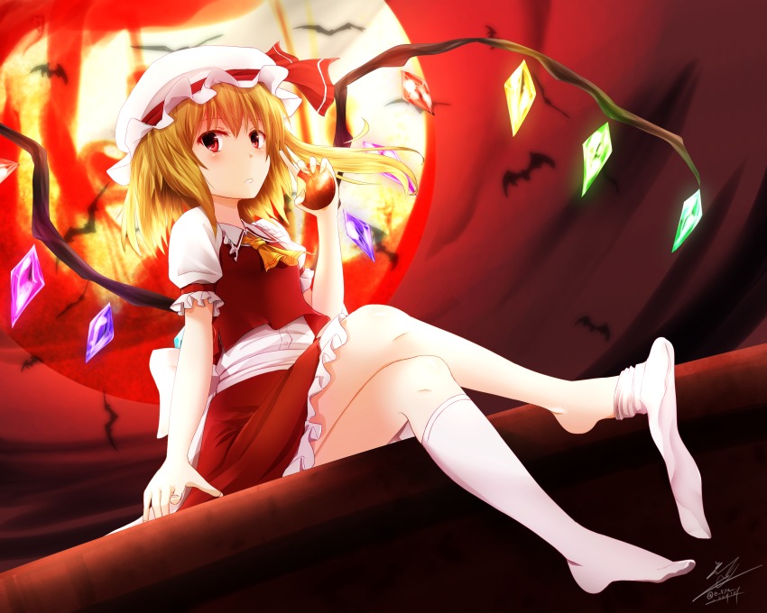 1girl, absurdres, apple, arm_garter, ascot, bat_(animal), blonde_hair, crossed_legs
