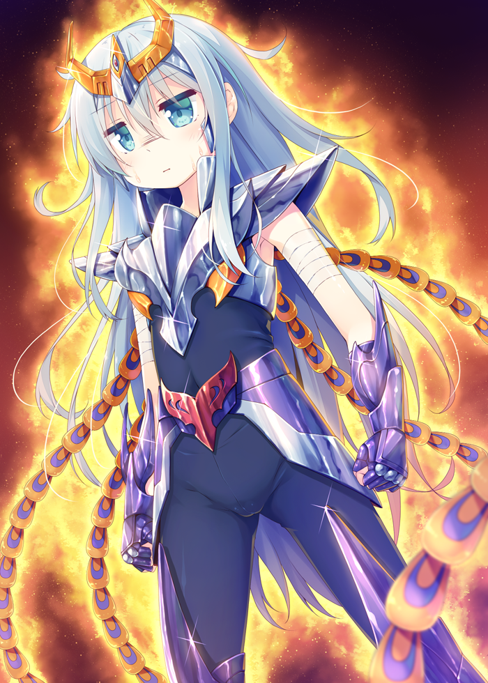 1girl, alternate_costume, armor, bandaged_arm, bandages, blue_eyes, blue_hair, cosplay, female_focus, fingerless_gloves, fire, gauntlets, gloves, headgear, hibiki_(kancolle), kantai_collection, long_hair, masaki_kei, matching_hair/eyes, phoenix_ikki, phoenix_ikki_(cosplay), saint_seiya, saint_seiya_omega, solo, sweatdrop, trait_connection, vambraces
