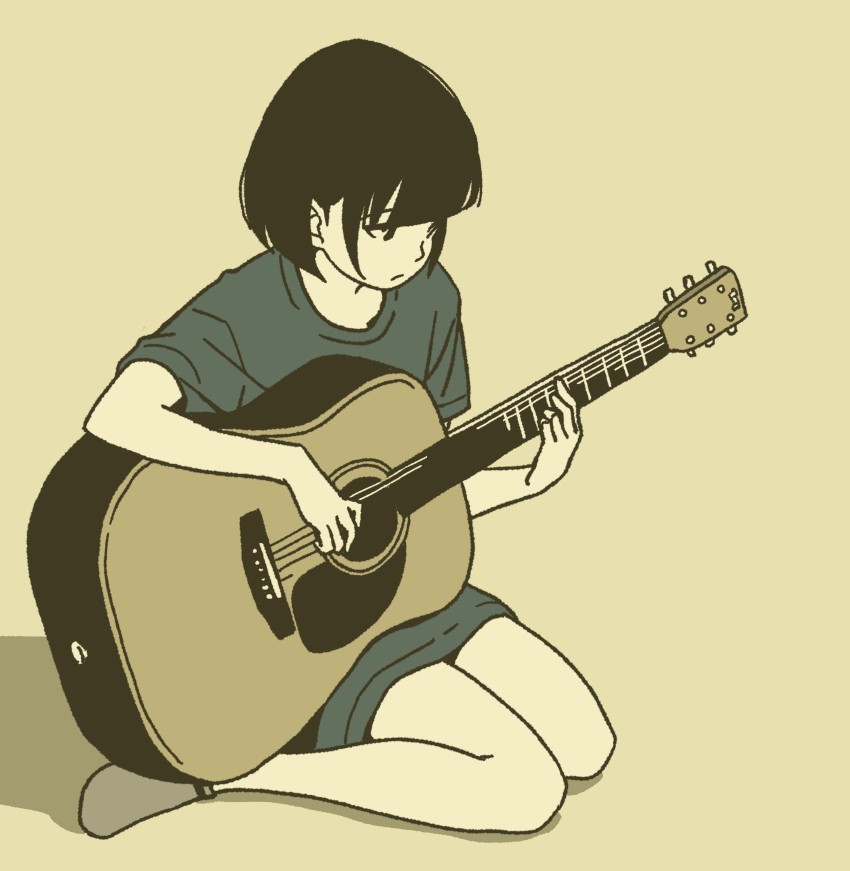 1girl, absurdres, commentary_request, female_focus, full_body, green_shirt, guitar, highres