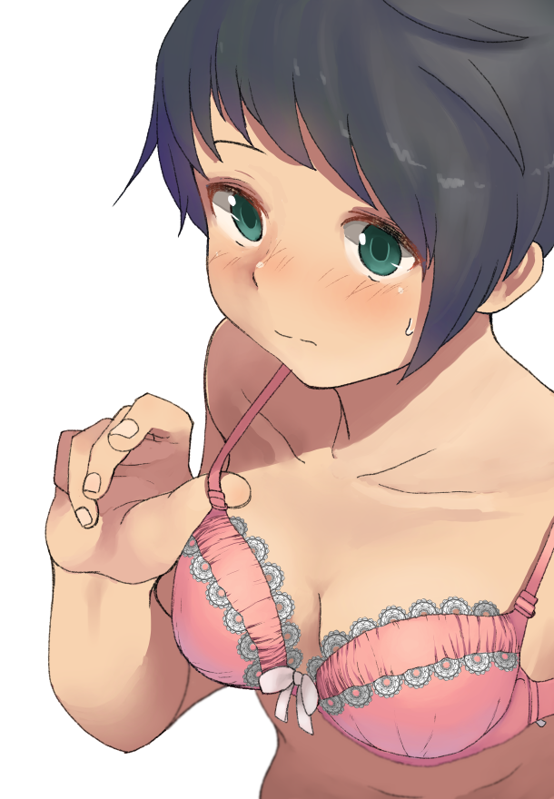 10s, 1girl, adjusting_bra, adjusting_clothes, aqua_eyes, black_hair, blush, bra