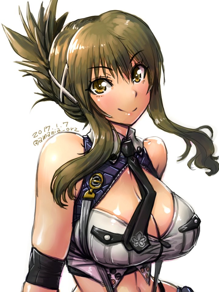 1girl, amania_orz, banpresto, bare_shoulders, breasts, cleavage, cleavage_cutout, clothing_cutout