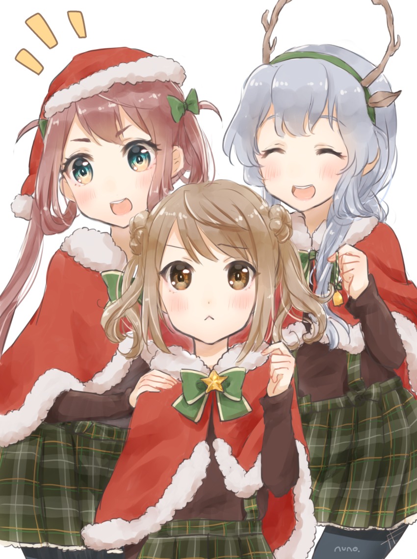 10s, 3girls, :<, adapted_costume, antlers, arm_warmers, artist_name, asagumo_(christmas)_(kancolle)