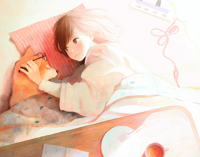 1girl, adapter, animal, brown_eyes, brown_hair, cable, cup, dog, closed_eyes, fork, glasses, hinata_(lipcream), kotatsu, medium_hair, original, pillow, plate, shiba_inu, sleeping, table, urajiro, whiskers