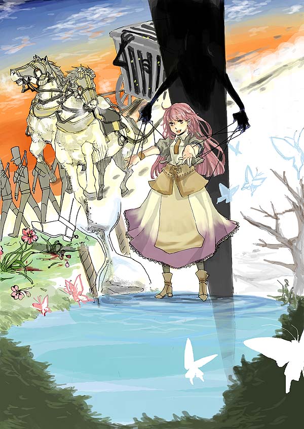 1girl, bug, butterfly, cloud, flower, fuse_(sound_horizon), fuse_(xiayu), horse