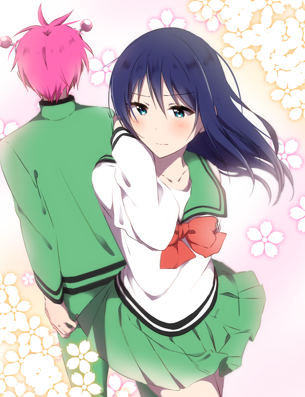 10s, 1boy, 1girl, antennae, blue_eyes, blue_hair, blush, bow