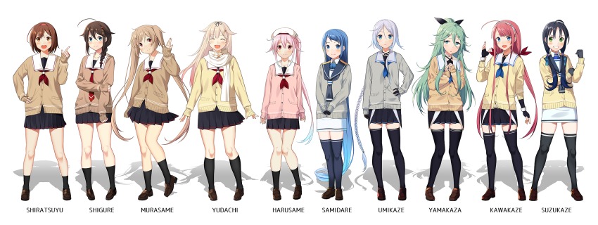 >:d, 10s, 6+girls, :d, absurdly_long_hair, ahoge, black_gloves, black_legwear