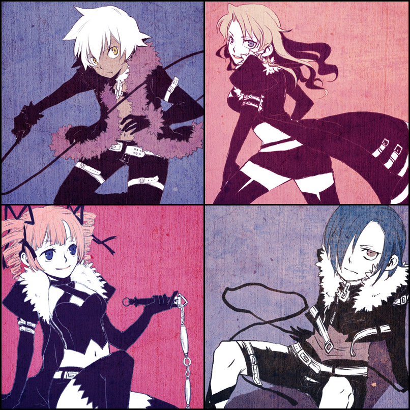 2boys, 2girls, atlus, blonde_hair, blue_eyes, cape, dark-skinned_male, dark_hunter