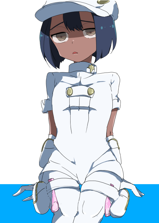 1girl, aether_foundation_employee, aether_foundation_employee_(female), bad_id, bad_twitter_id, black_hair, brown_eyes, condom, dark-skinned_female, dark_skin, elbow_gloves, female_focus, gloves, hair_between_eyes, hat, ichika_(osakana_planet), knees_together_feet_apart, legs_together, nintendo, npc_trainer, pantyhose, parted_lips, pokemon, pokemon_sun_and_moon, pouch, short_hair, short_sleeves, simple_background, sitting, solo, uniform, used_condom, white_background, white_gloves, white_hat