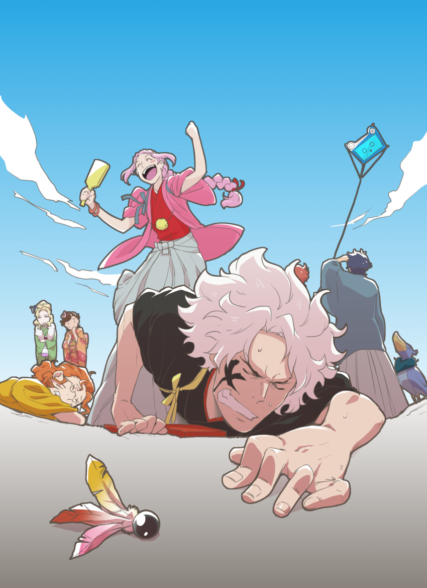 10s, 2girls, 5boys, bird, black_hair, blonde_hair, blue_sky, body_writing