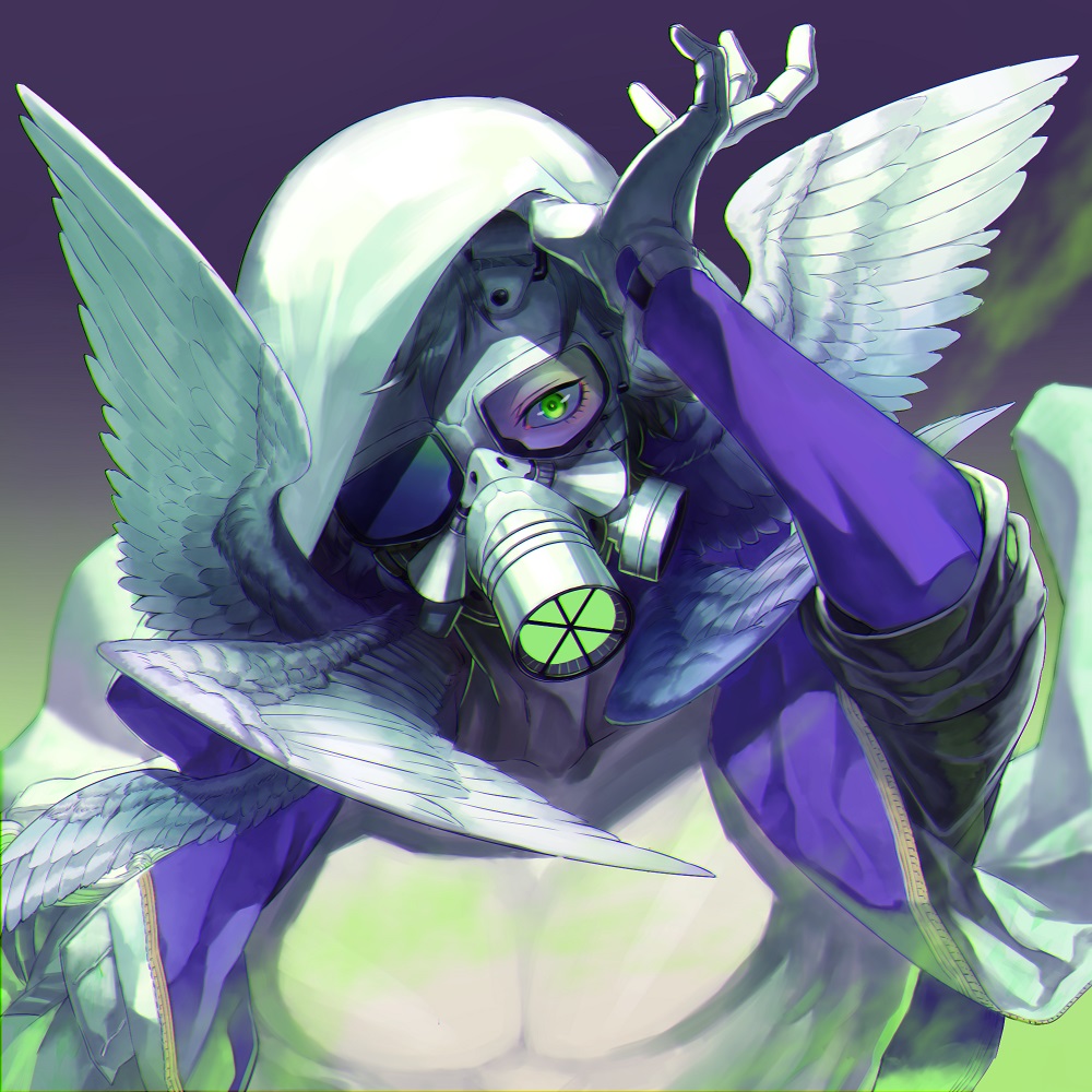 1boy, black_gloves, chromatic_aberration, collarbone, covered_mouth, cyberpunk, eyelashes, fasna