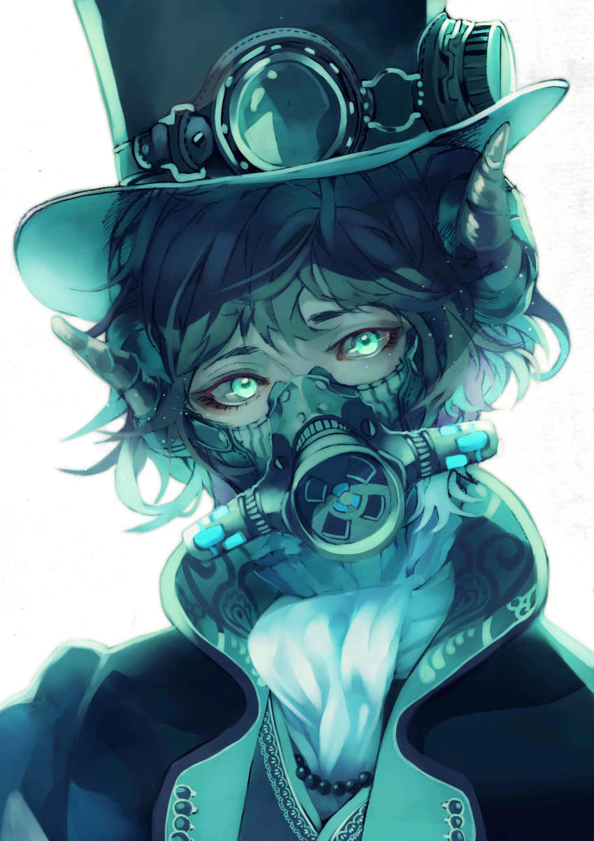 1boy, absurdres, ascot, beads, black_hair, black_hat, covered_mouth, cyberpunk, eyelashes, fasna, formal_clothes, gas_mask, glowing, glowing_eyes, green_eyes, hat, head_tilt, highres, horns, looking_at_viewer, male_focus, mask, original, portrait, simple_background, solo, top_hat, white_background