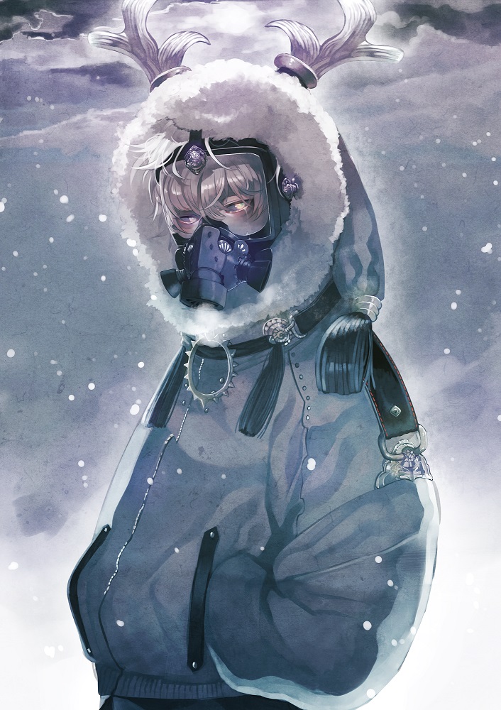 1boy, antlers, belt, belt_buckle, black_sclera, blonde_hair, buckle, cloud, cloudy_sky, colored_sclera, covered_mouth, crying, crying_with_eyes_open, fasna, from_side, gas_mask, grey_sky, hands_in_pockets, hood, hooded_jacket, horns, jacket, jewelry, long_sleeves, looking_at_viewer, male_focus, mask, original, sky, snowing, solo, streaming_tears, tassel, tears, upper_body, white_hair, winter, winter_clothes, yellow_eyes