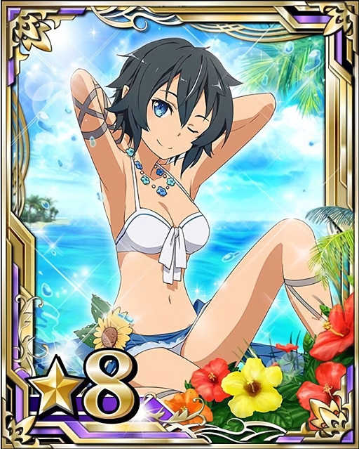 10s, 1girl, armpits, arms_behind_head, bikini, bikini_skirt, black_hair, blue_eyes