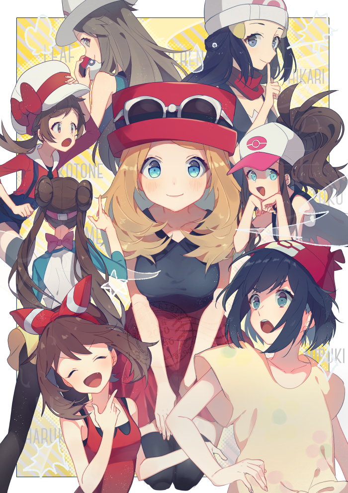 6+girls, baseball_cap, beanie, black_hair, black_legwear, blonde_hair, bow, breasts