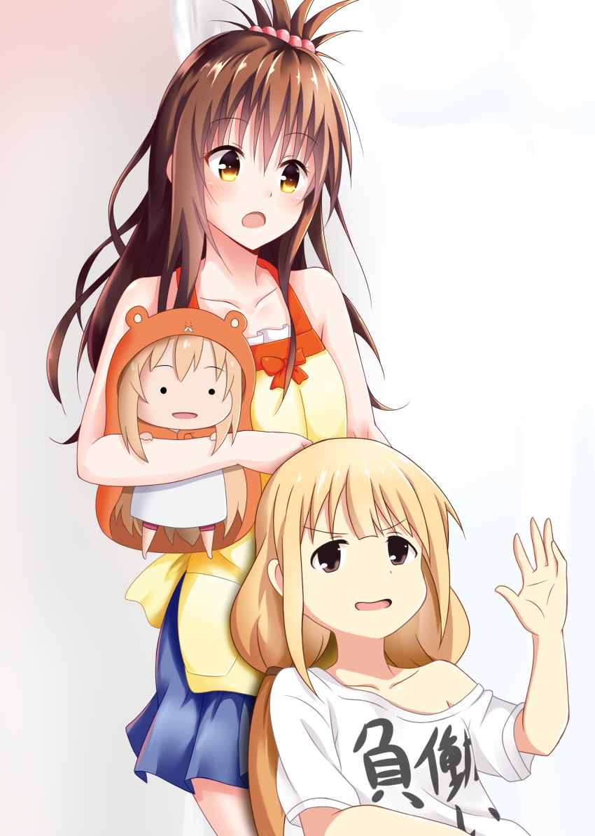 10s, 3girls, absurdres, blonde_hair, blush, brown_hair, chibi, doma_umaru, futaba_anzu, hamster_costume, highres, himouto!_umaru-chan, idolmaster, idolmaster_cinderella_girls, komaru_(himouto!_umaru-chan), long_hair, multiple_girls, open_mouth, seno_(nanrandesu), shirt, t-shirt, to_love-ru, yellow_eyes, you_work_you_lose, yuuki_mikan