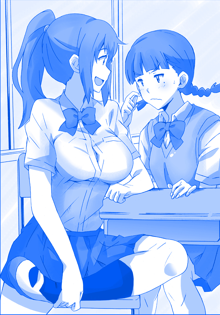 2girls, black_socks, blue_theme, blush, body_switch, breast_envy, breasts, commentary_request