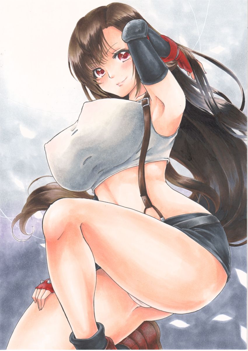 1990s_(style), 1girl, absurdres, black_skirt, breasts, brown_hair, covered_erect_nipples, female_focus